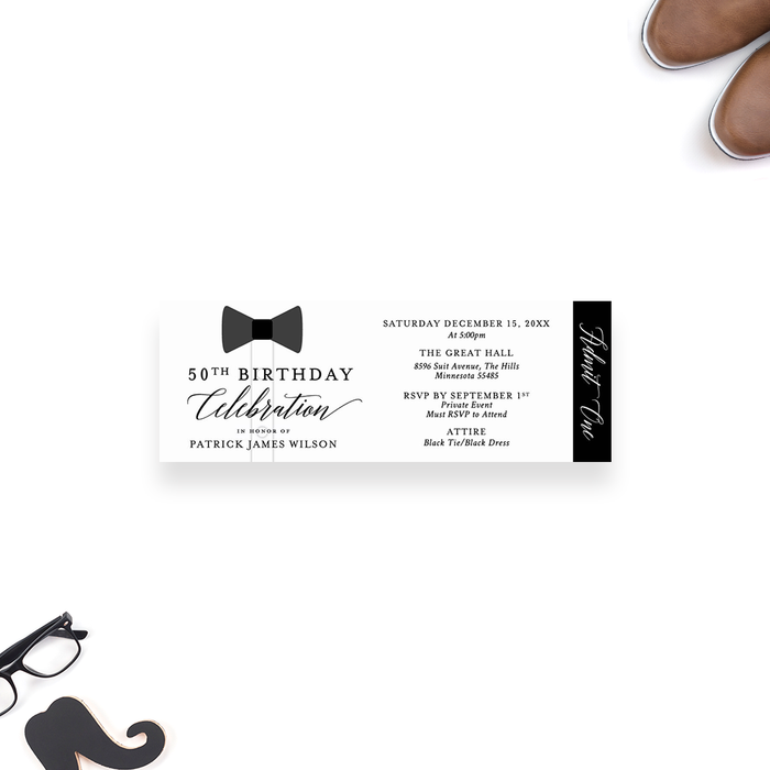 Tuxedo-themed ticket invitation featuring a black bow tie design, personalized for 50th birthday celebrations.