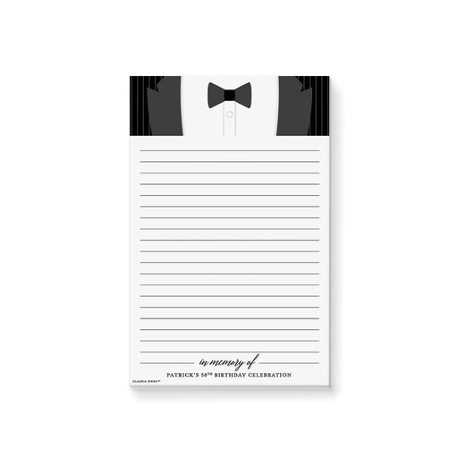 Personalized tuxedo notepad with a black and white suit and bow tie design — elegant stationery gift for men