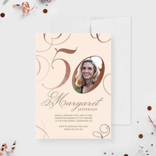 elegant 50th birthday photo invitation digital template with custom portrait, beige background, and graceful lettering