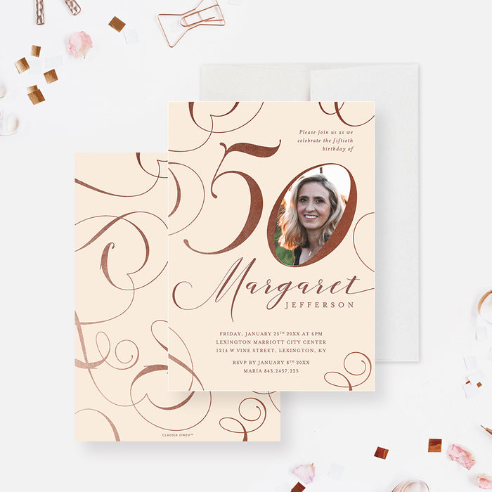 elegant 50th birthday photo invitation with custom picture, soft neutral background, and script lettering-front-back