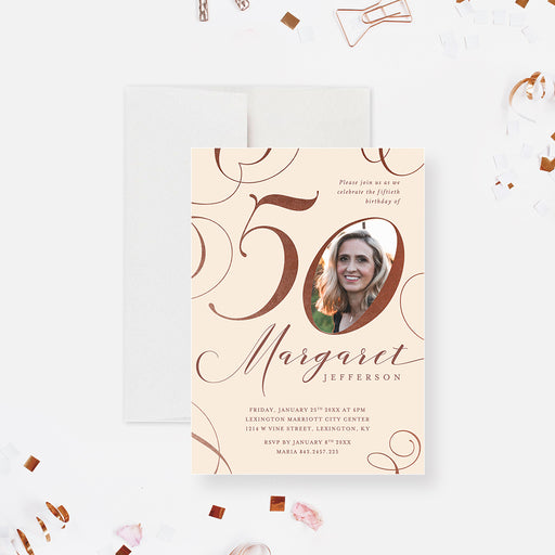 elegant 50th birthday photo invitation with custom picture, soft neutral background, and script lettering-front