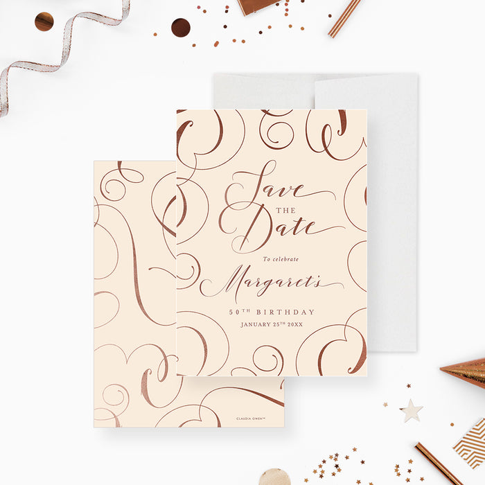 elegant 50th birthday save the date card with soft beige background and terracotta line art accents-front-back
