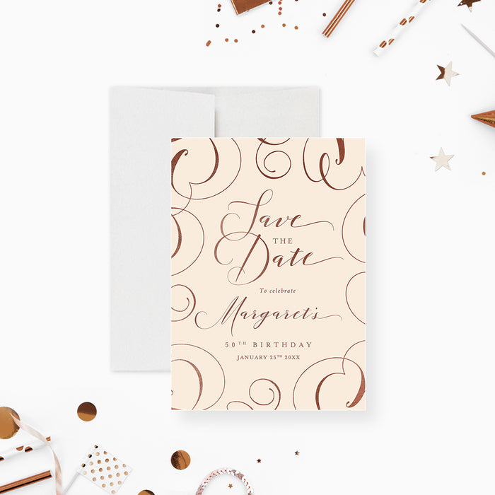 elegant 50th birthday save the date card with soft beige background and terracotta line art accents-front