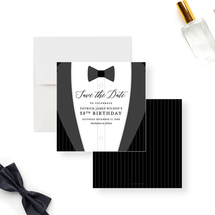 Elegant save the date card featuring a tuxedo illustration with a black bow tie, personalized for 50th birthday celebrations. -front-back
