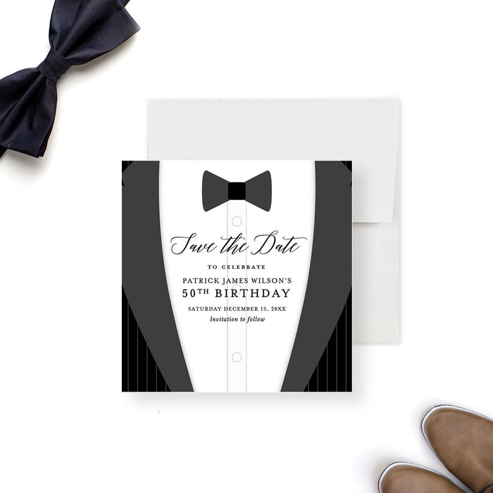 Elegant save the date card featuring a tuxedo illustration with a black bow tie, personalized for 50th birthday celebrations. -front
