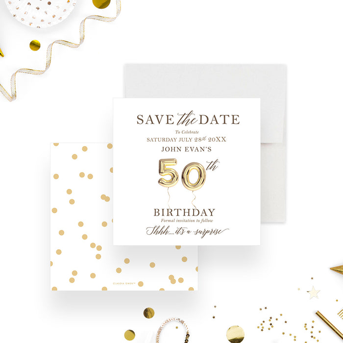Elegant Adult Birthday Party Save the Date with Golden Balloon, Save the Date 50th 60th 70th 80th 90th Milestone Birthday Bash Celebration