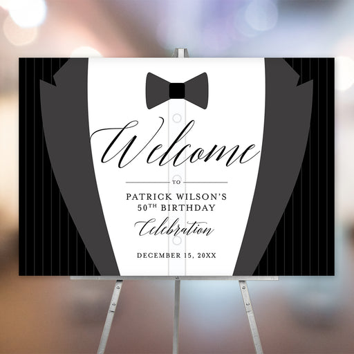 Tuxedo-themed birthday welcome sign featuring a black bow tie design, perfect for a 50th birthday celebration and black-tie event decor.