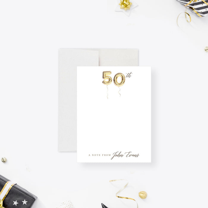 Elegant Note Card with 50th Golden Balloon, Adult Birthday Thank You Card, 50th Anniversary Correspondence Cards