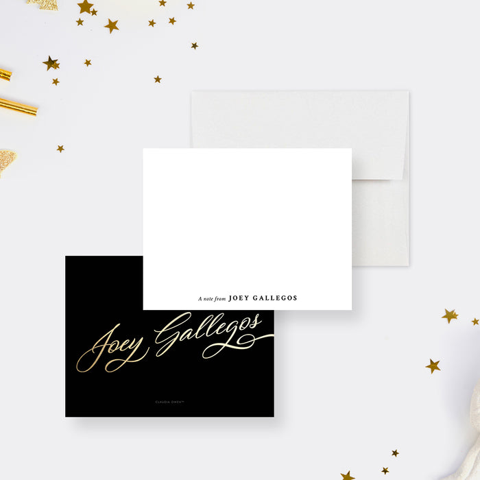 Elegant Black and Gold Note Card Personalized with Your Name, A Note From Correspondence Card, Formal Birthday Thank You Card, Professional Stationery Card