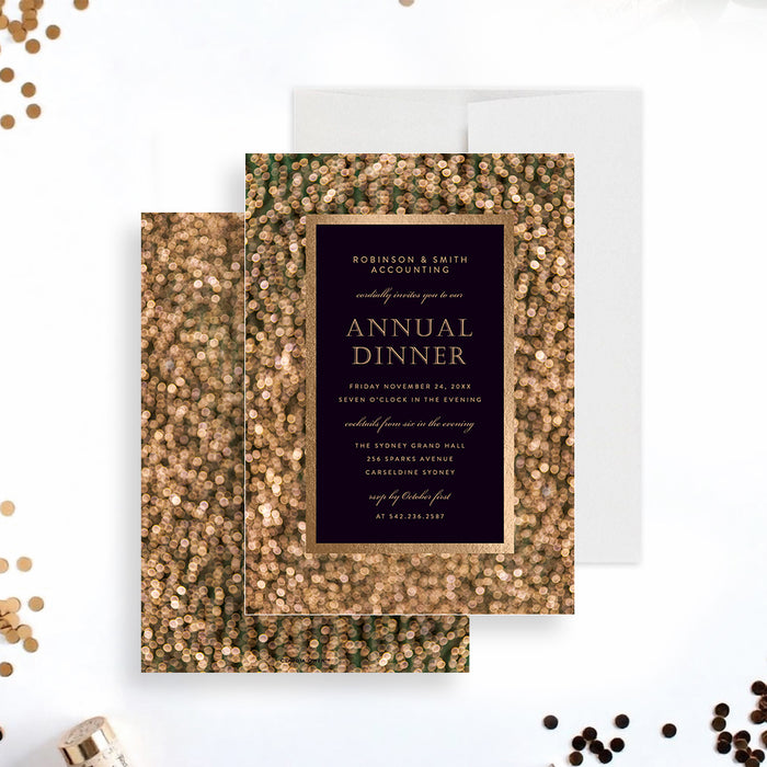 Elegant gold annual dinner invitation with sparkling gold frame, designed for corporate events, company dinners, and formal business parties.-front-back