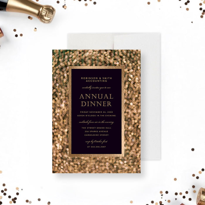Elegant gold annual dinner invitation with sparkling gold frame, designed for corporate events, company dinners, and formal business parties.-front