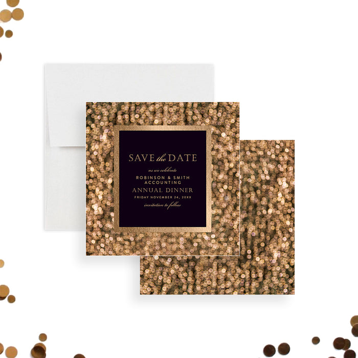 Elegant gold save the date card for annual dinner and business events, featuring a sparkling design for corporate parties and formal occasions.-front-back