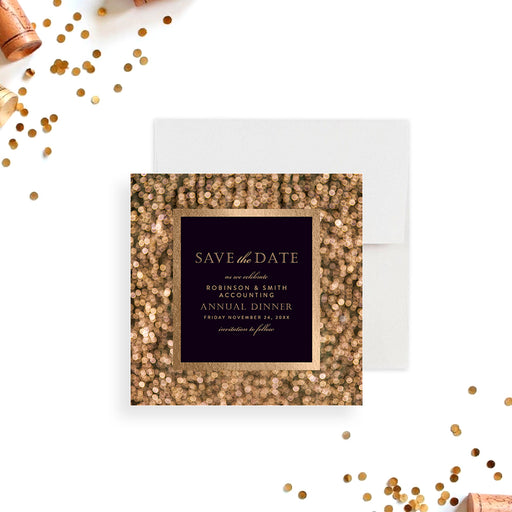 Elegant gold save the date card for annual dinner and business events, featuring a sparkling design for corporate parties and formal occasions.-front