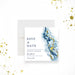 Save the date card featuring an elegant agate blue and gold watercolor design, with customizable event details.-front