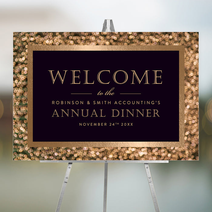 Elegant black and gold annual dinner welcome sign for business events and corporate parties, featuring modern typography and classy design.