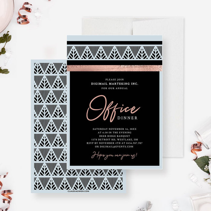 Elegant Art Deco corporate dinner invitation template with black background, pale blue geometric border, blush lettering, and editable event details-front-back