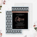 Elegant Art Deco corporate dinner invitation template with black background, pale blue geometric border, blush lettering, and editable event details-front-back