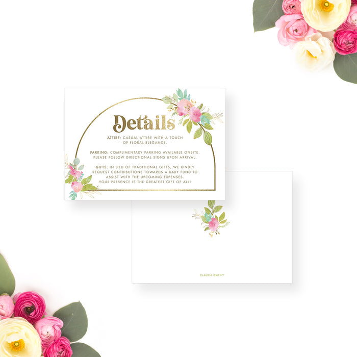 Pink Floral Baby Shower Invitation Card with Golden Arch Frame, Botanical Garden Baby Shower Invitations, Spring Blossom Baby Shower Invites