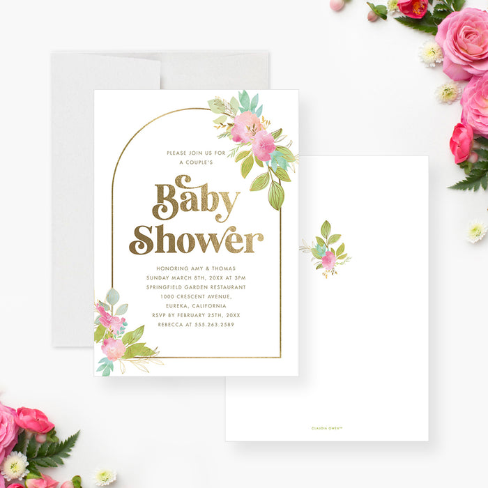 Pink Floral Baby Shower Invitation Card with Golden Arch Frame, Botanical Garden Baby Shower Invitations, Spring Blossom Baby Shower Invites