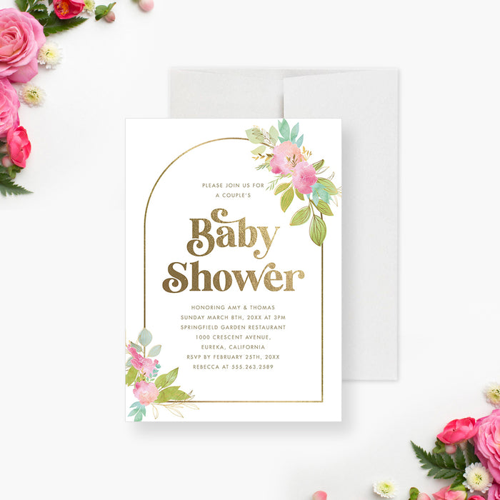 Pink Floral Baby Shower Invitation Card with Golden Arch Frame, Botanical Garden Baby Shower Invitations, Spring Blossom Baby Shower Invites