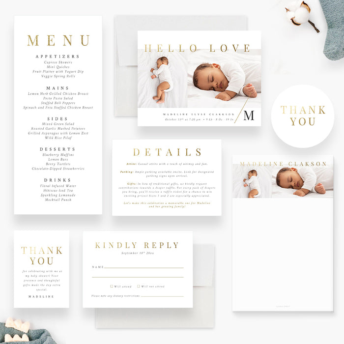 Monogram Baby Shower Invitation Card with Pictures, Elegant Photo Invitation for Baby Shower Celebration with Mom Initials