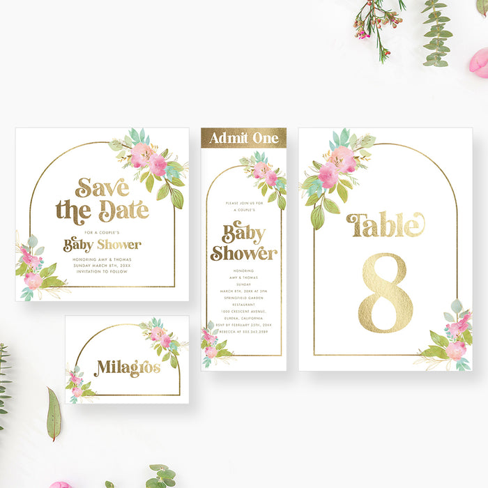 Pink Floral Baby Shower Invitation Card with Golden Arch Frame, Botanical Garden Baby Shower Invitations, Spring Blossom Baby Shower Invites