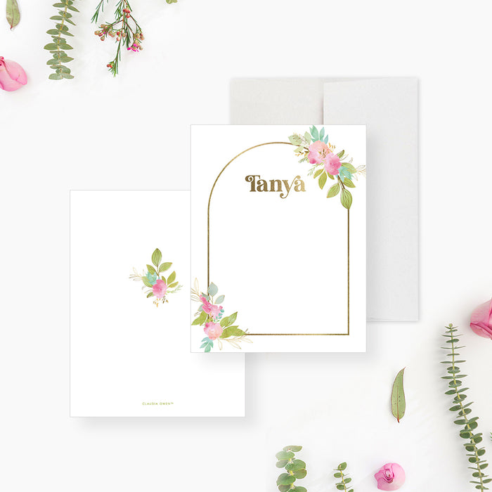 Pink Floral Note Card with Golden Arch Frame, Blossom Baby Shower Thank You Card, Spring Correspondence Card for Girls, Flowery Stationery Cards