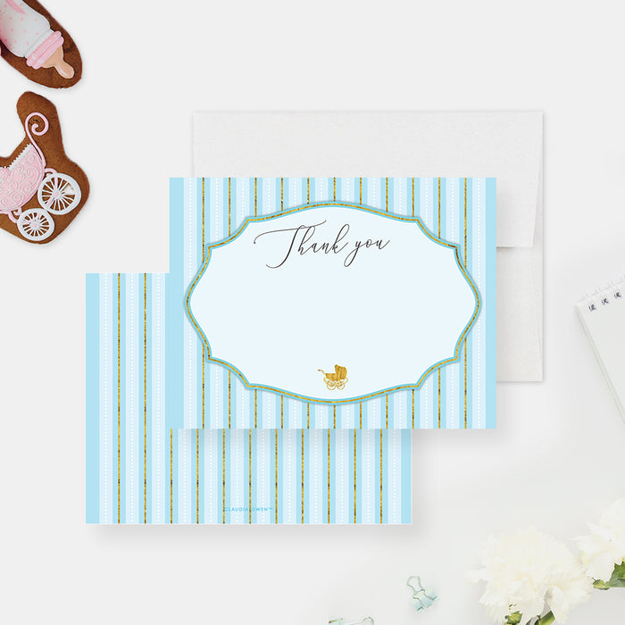 Elegant baby shower thank you card with soft blue tones and modern typography, perfect for expecting moms and new parents
