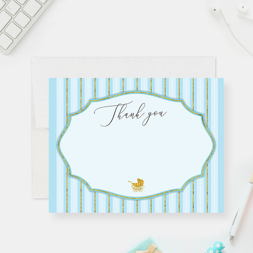 Elegant baby shower thank you card with soft blue tones and modern typography, perfect for expecting moms and new parents