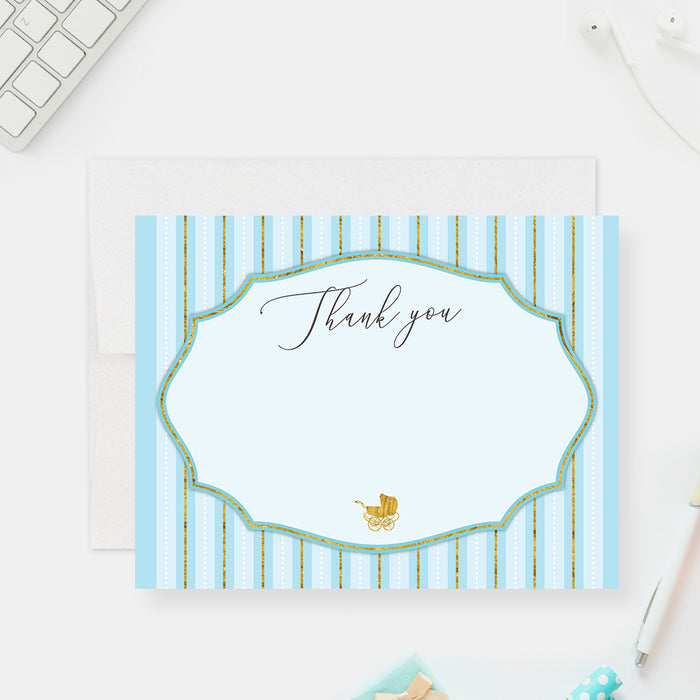 Elegant baby shower thank you card with soft blue tones and modern typography, perfect for expecting moms and new parents