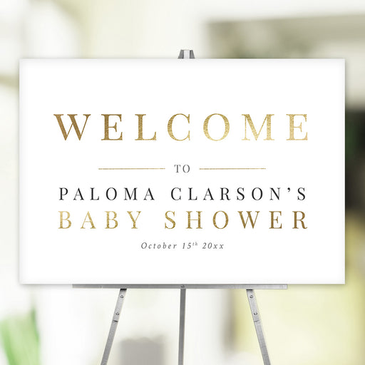 Baby shower welcome poster with elegant gold lettering for party decor