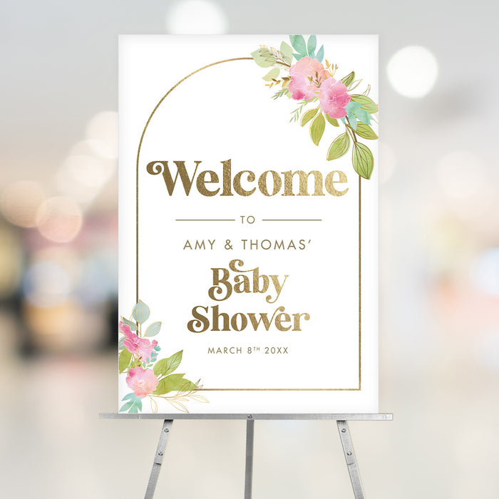 Pink Floral Baby Shower Invitation Card with Golden Arch Frame, Botanical Garden Baby Shower Invitations, Spring Blossom Baby Shower Invites