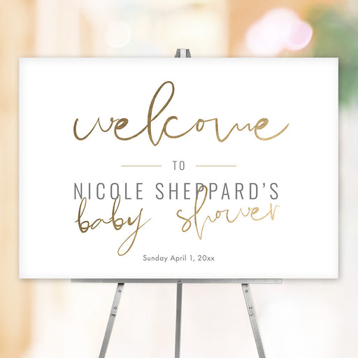 Baby shower welcome sign with elegant gold script typography, customized with name and date.