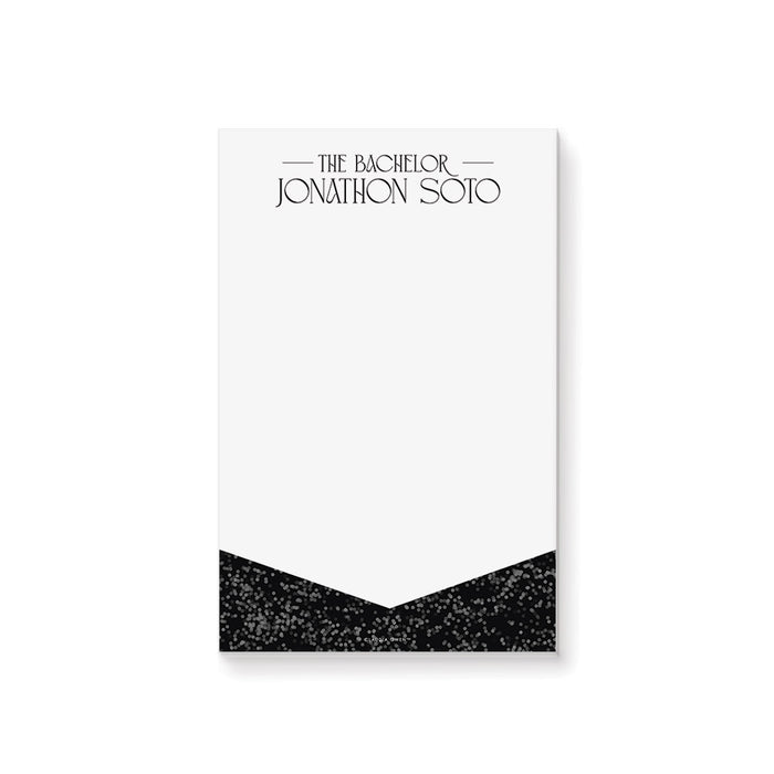 Personalized notepad for bachelor parties in black and gray design, making it a stylish, practical party favor or stationery gift for guests.