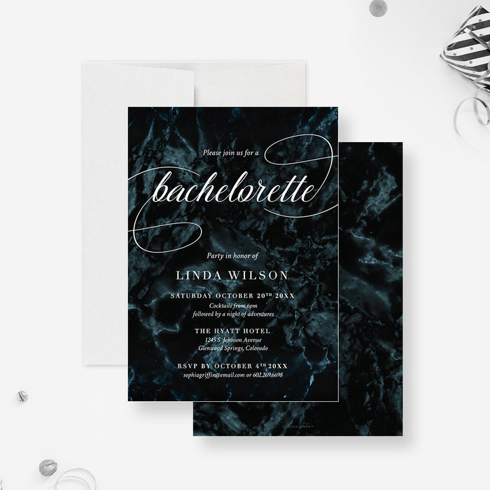 Elegant dark marble bachelorette party invitation with modern calligraphy-front-back