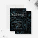Elegant dark marble bachelorette party invitation with modern calligraphy-front-back