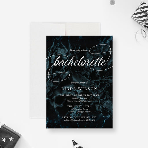 Elegant dark marble bachelorette party invitation with modern calligraphy-front