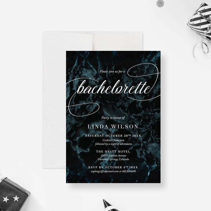Elegant dark marble bachelorette party invitation with modern calligraphy-front