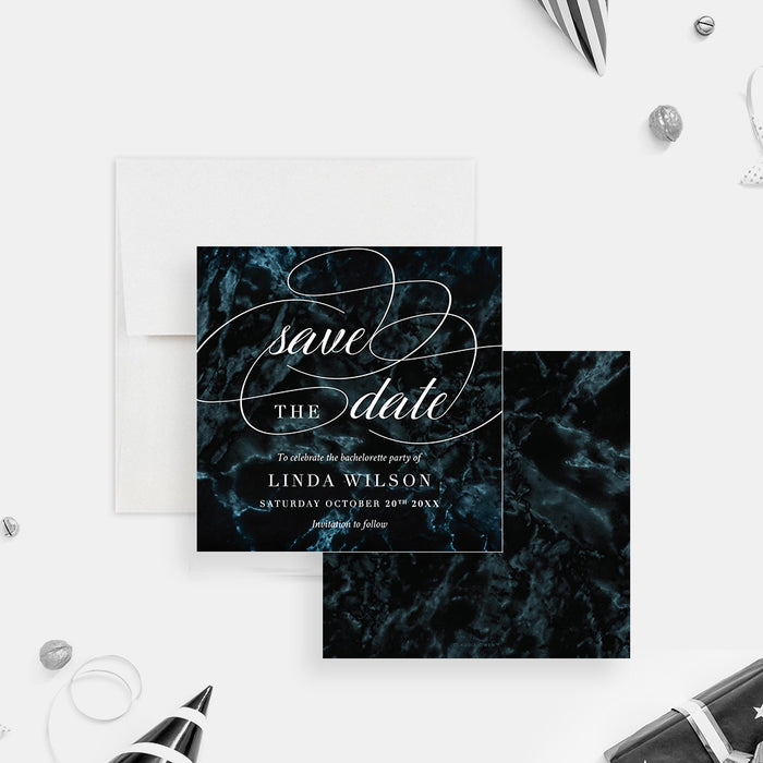 Elegant dark marble bachelorette save the date card with modern calligraphy script-front-back