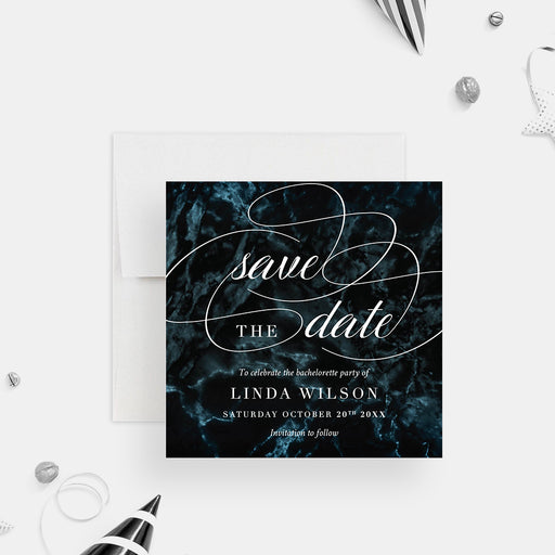 Elegant dark marble bachelorette save the date card with modern calligraphy script-front