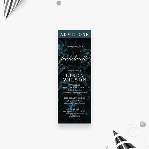 Elegant dark marble bachelorette party ticket invitation with modern calligraphy 