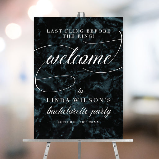 Last fling before the ring bachelorette welcome sign with dark marble and elegant typography