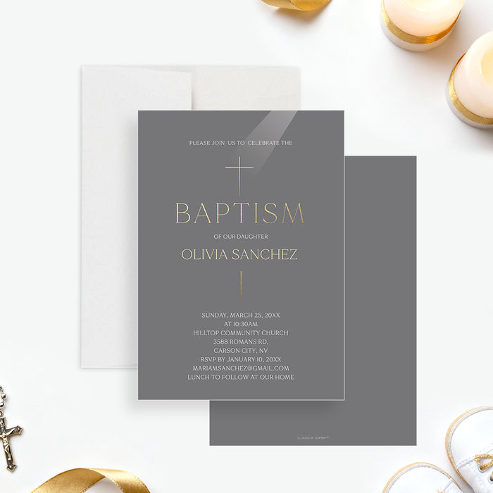elegant gray baptism invitation with cross symbol, refined lettering, personalized child’s name, and religious celebration details-front-back