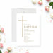 Elegant personalized baptism invitation with a gold cross design, customized with event details.-front