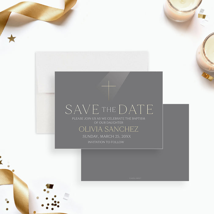 elegant gray baptism save the date card with cross symbol, refined lettering, personalized child’s name, and religious celebration details-front-back