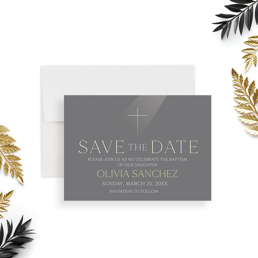 elegant gray baptism save the date card with cross symbol, refined lettering, personalized child’s name, and religious celebration details-front