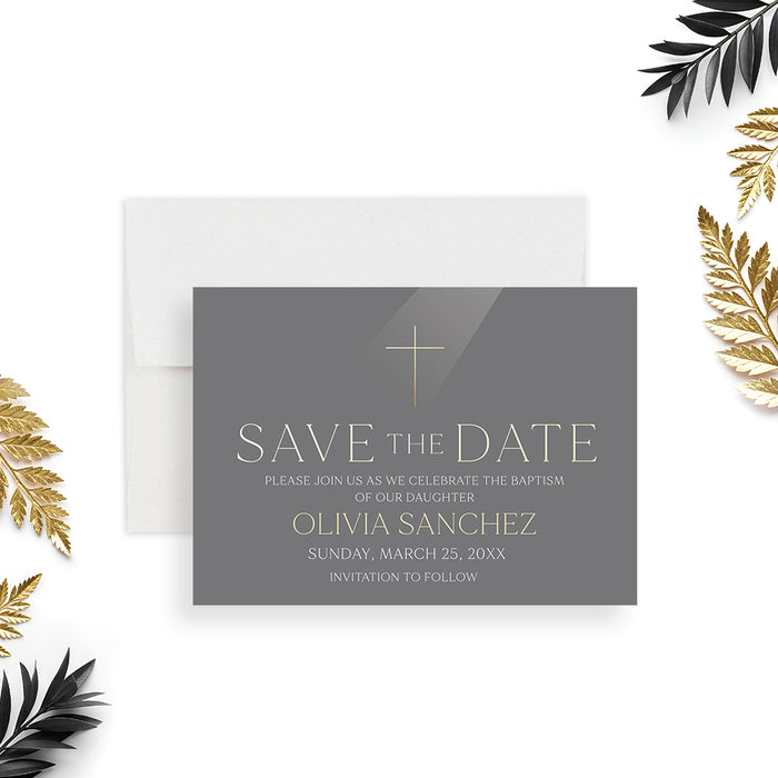 elegant gray baptism save the date card with cross symbol, refined lettering, personalized child’s name, and religious celebration details-front