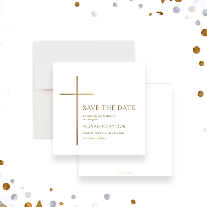Religious baptism save the date card with gold cross design-front-back