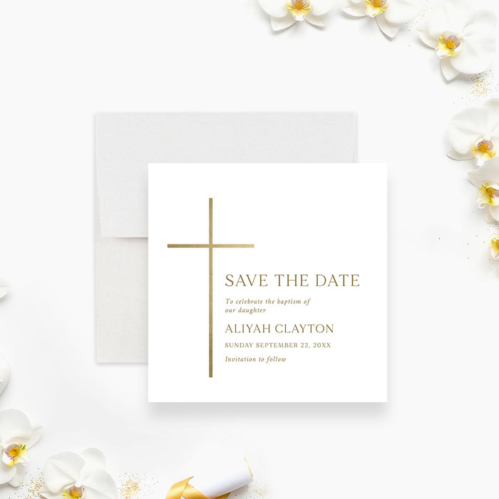 Religious baptism save the date card with gold cross design-front