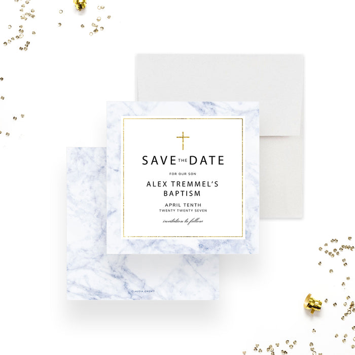 Elegant Baptism Save the Date Card with Golden Cross and Marble Design, Christening Save the Dates, Catholic Confirmation Save the Dates